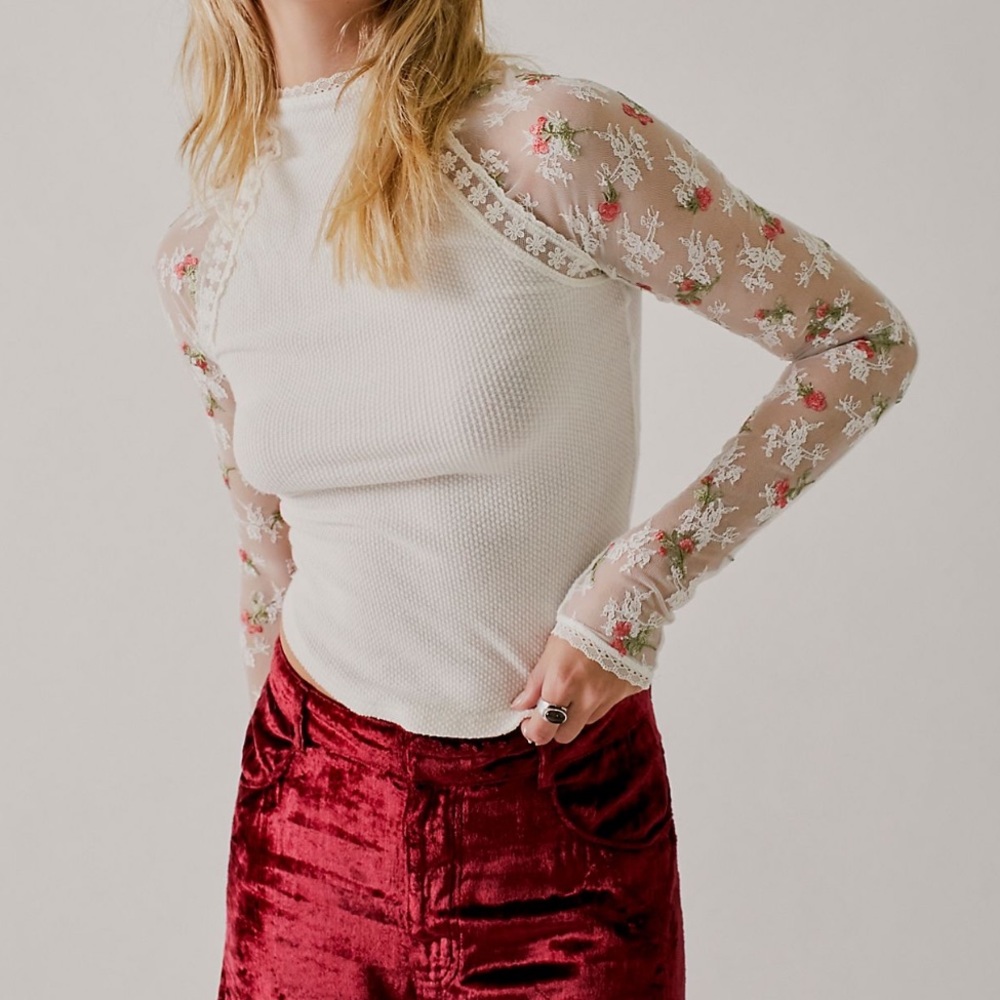 Free People FP x Anna Sui Le Fleur Knit Embroidered Lace Sleeve Thermal - Picture 2 of 8